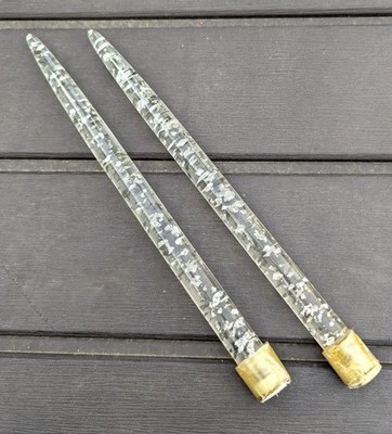 Pair Mid Century Lucite Acrylic Clear Taper Candles w Silver Flakes 11.5  MCM