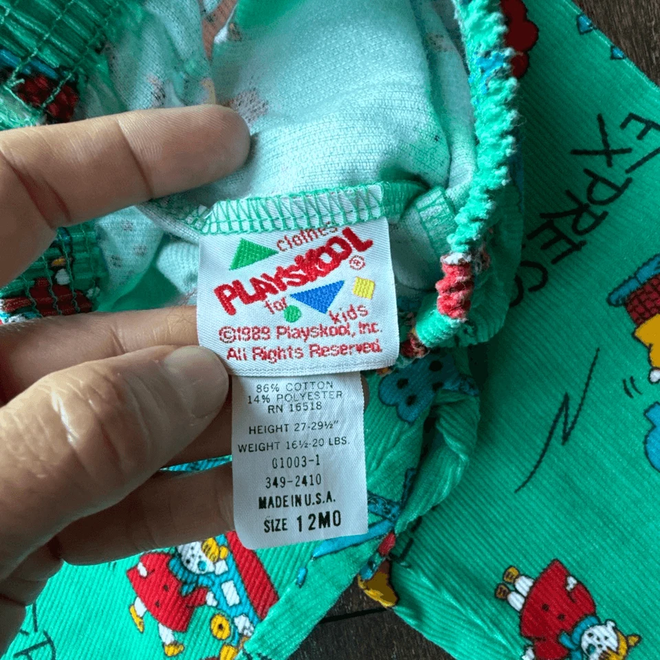 Pantalones de pana vintage 1989 playskool niños talla 12 mos verde niños tren estampado el Foto 3 de 4