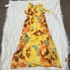 NWT TAHARI ASL Sleeveless Tiered Fall Maxi Dress Women 14 Yellow Abstract Floral