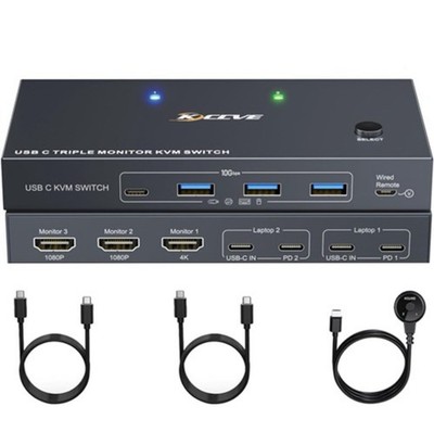 USB C KVM Switch 3 Monitors 2 Laptops 4K 1080P@60Hz,USB-C Docking Station Tri...
