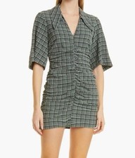 Ganni NEW Size 44 XL Stretch Green Check Ruched Seersucker Mini Dress