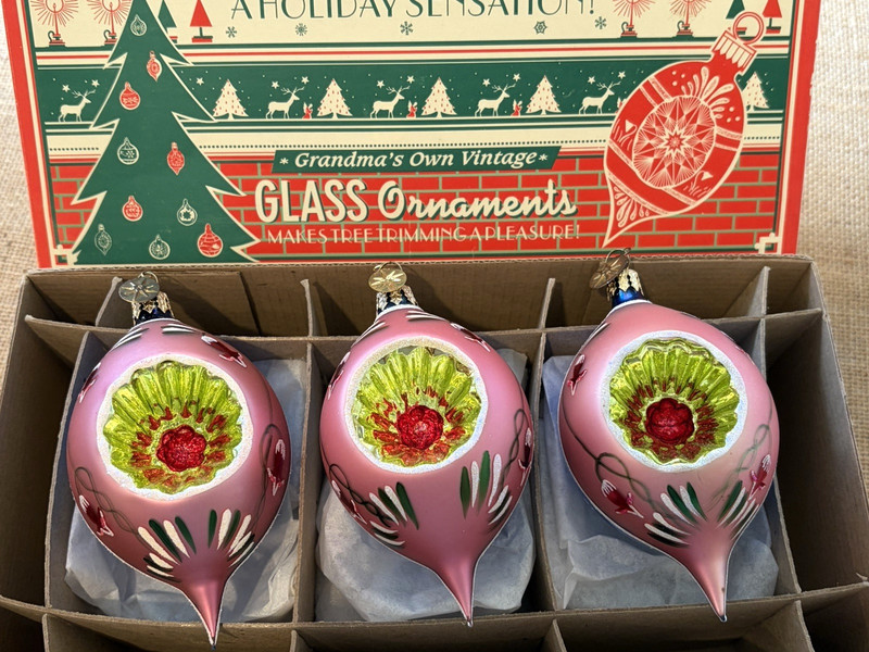 Radko Fantasia PINK 'Deep Indent Reflector Teardrop' Xmas Ornaments Box 3 New 4"