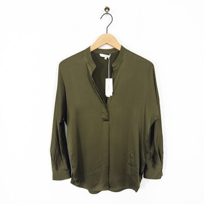 Vince Seidenbluse mit Bandkragen Größe XS 6 8 10 NEU olivgrün langarm