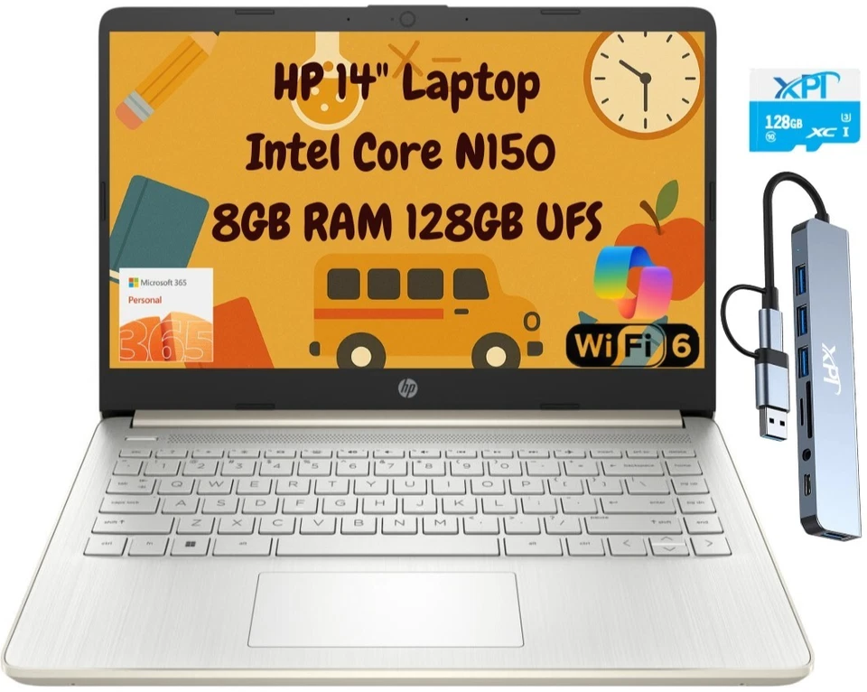 Portátil HP 14" HD Intel N150 8 GB 256 GB Cámara web Office 365 Acoplamiento + 128 GB microSD