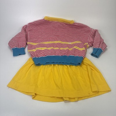 VTG 1980s Benetton O12 Sweater & Skirt Girls XS 3/4 Kids Italy Yellow Pink Blue