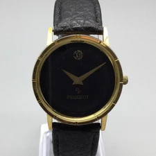 Peugeot Womens Watch 32mm Black Dial Gold Tone Leather Band New Battery