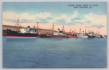 Vintage Linen Postcard Ocean Going Ships Dock New Orleans LA