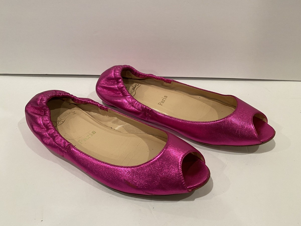 Christian Louboutin Open Toe Ballet Flats Leather Metallic