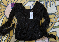 D&M Off the Shoulder Sparkly Bodycon Dress Black Ruched Mesh Sleeves Club Dress