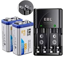 EBL 2x 9V Batteries 600mAh Rechargeable Li-ion Batteries + 9V AA Battery Charger