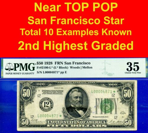 1928 $50 San Francisco Star FRN PMG 35 pazzo raro 2° grado più alto fr 2100-L* - Foto 1 di 4