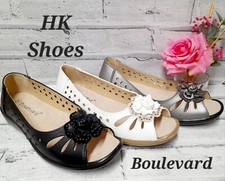 Boulevard Ladies Womens Faux Leather Flower Peep Toe Summer Cut Out Flat Shoes