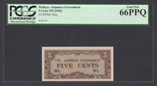 Malaya 5 Cents ND(1942) PM2a Block ML Uncirculated Grade 66