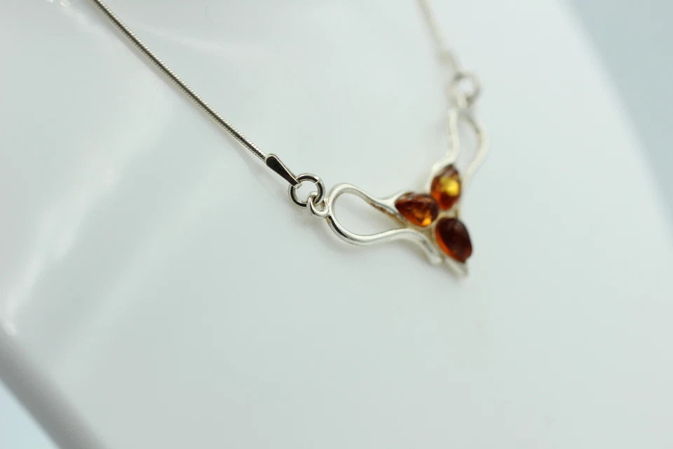 Collana In Ambra Marrone 925 Argento Sterling Ambra Lunghezza Circa 42 Cm - Immagine 3 di 4