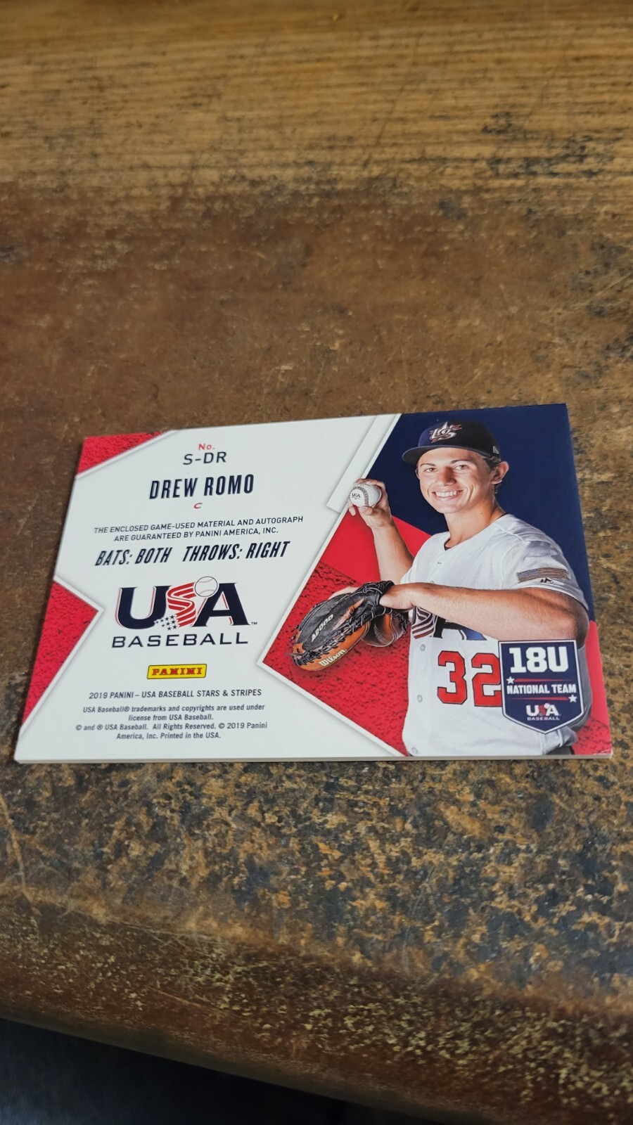 2019 Panini USA Baseball Stars & Stripes Auto/Game Used Drew Romo 164/299  #S-DR view 2