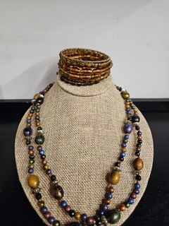 Amazing AMBER BRONZE BEADED Wrap Bracelet & Multi Strand Beaded Necklace