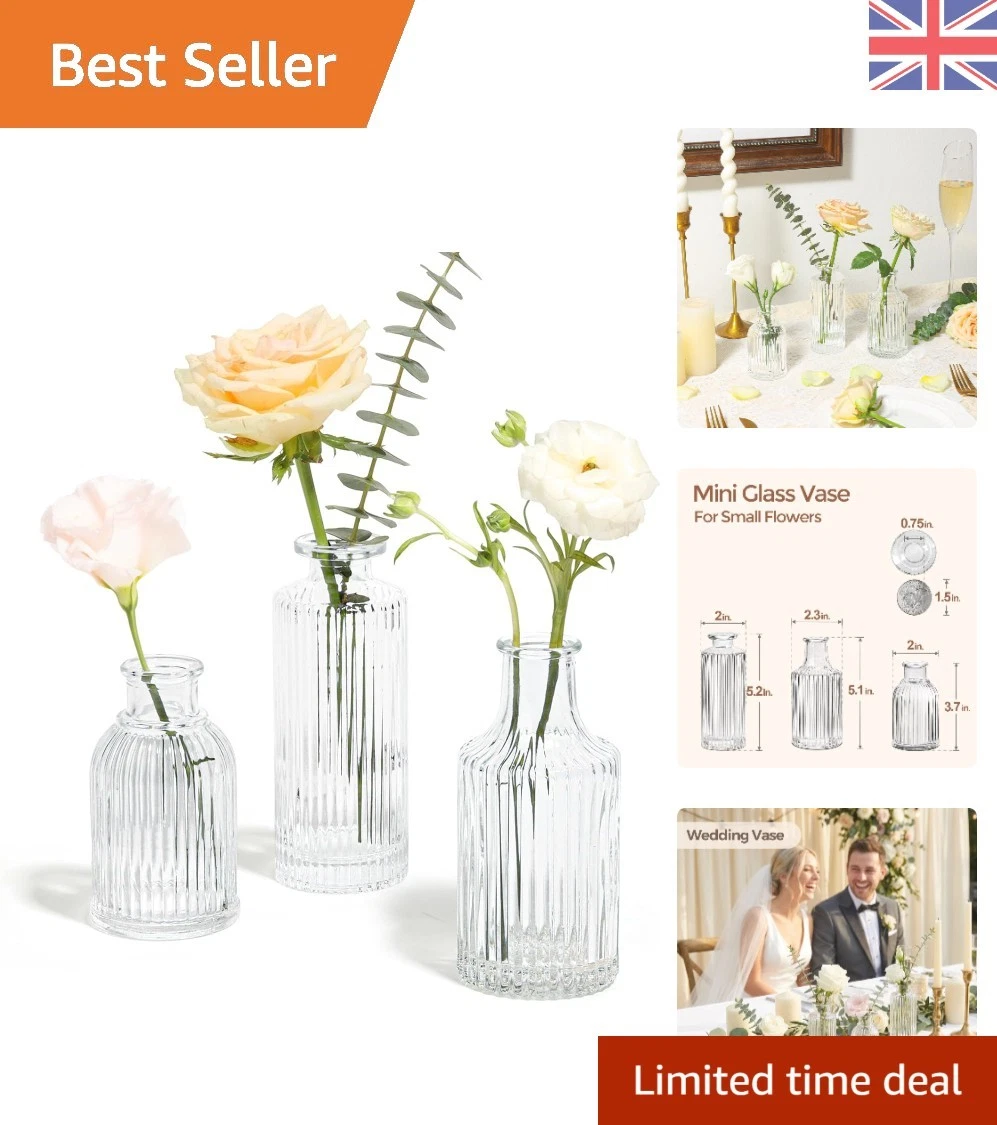 Clear Vintage Bud Vases Set of 3 – Adorable Ribbed Glass for Table Decorations