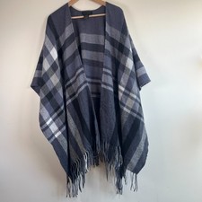 Banana Republic Plaid Fringe Open Front Wrap Poncho Shawl Cape Blue One Size