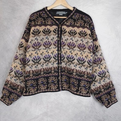 Icelandic Design Cardigan Sweater Womens Medium Wool Floral Fair Isle Nordic