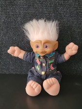 Vintage 1991 Treasure Troll Ace Novelty Plush with Denim Outfit White Hair 12"