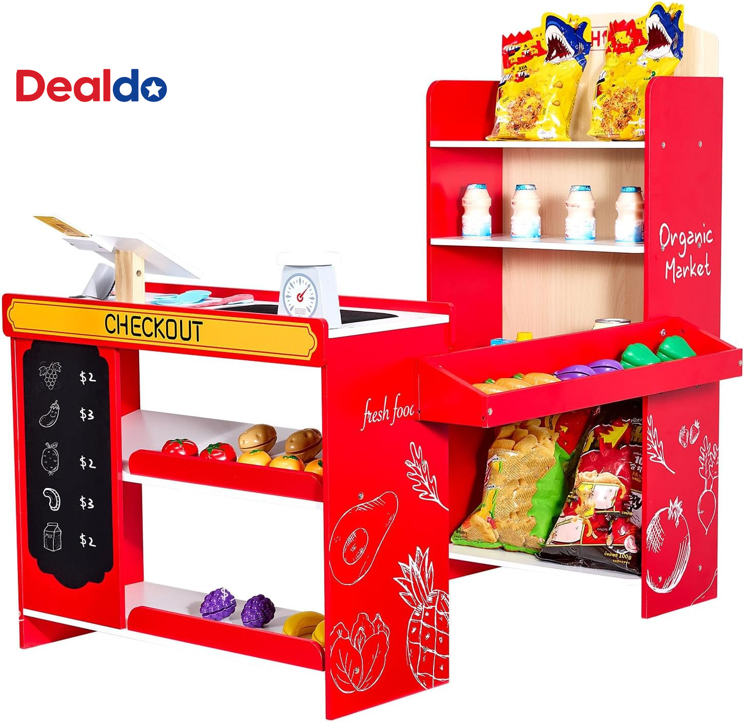 Kids Pretend Play Grocery Store, Wooden Supermarket Toy Set with Shopping Bag, C