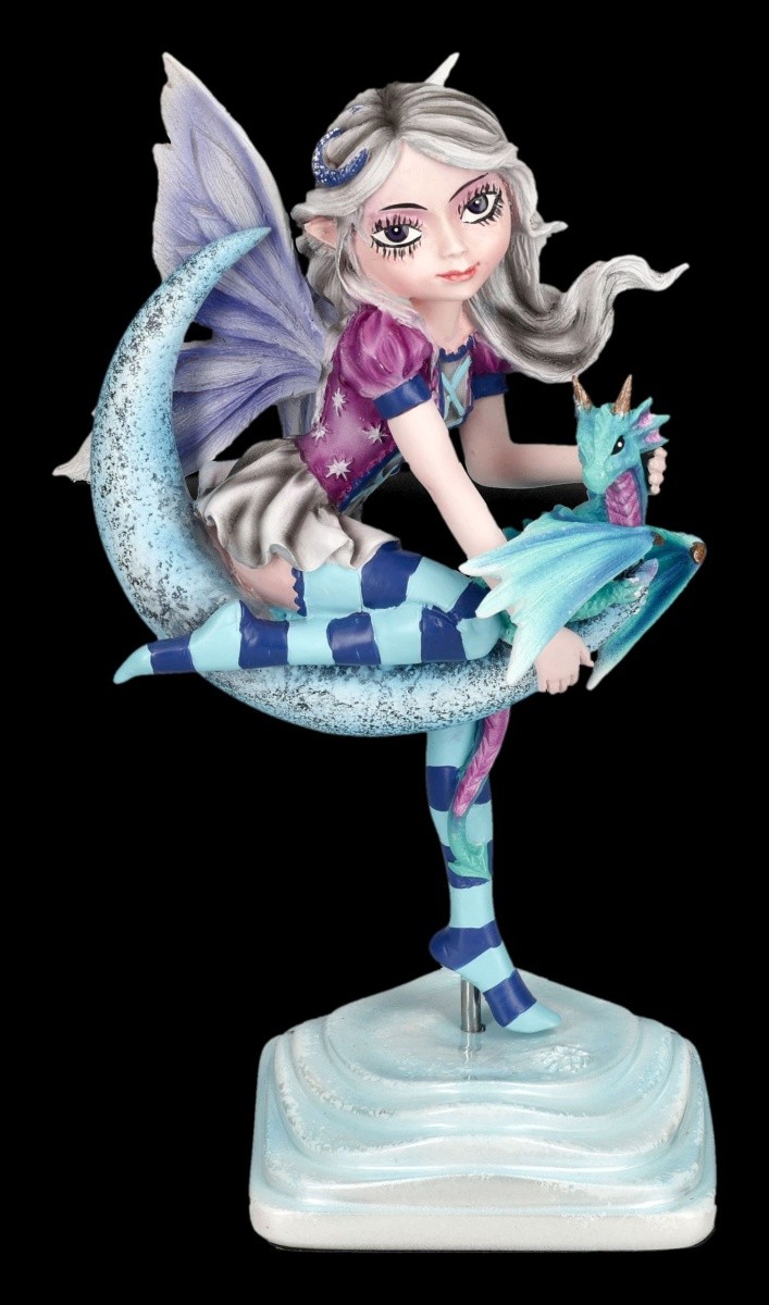 Hand-Painted Lunar Fae Elf Figurine With Dragon on Moon Sickle