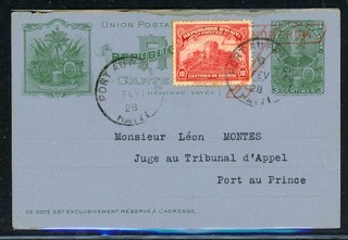 HAITI Early Aerophilately: LOT #12 1928 FEB LINDBERGH Airplane Cancel Uprated PC