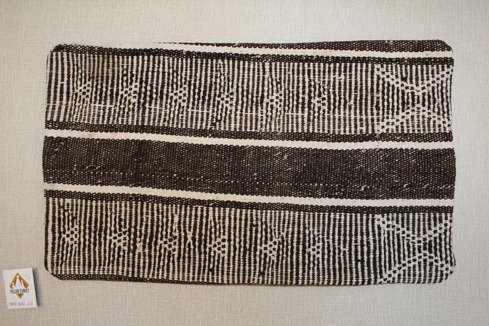 Funda de Almohada Kilim Turco Blanco Negro 16x24 Hecho a Mano Cojín Tribal a Rayas Foto 2 de 4