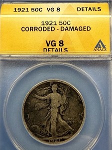 1921 p walking liberty half dollar ANACS Certified VG 8 details Corroded-damaged