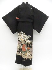 Japanese Vintage Kimono Tomesode Silk Gold 5 Crests Made in Japan eb-1641