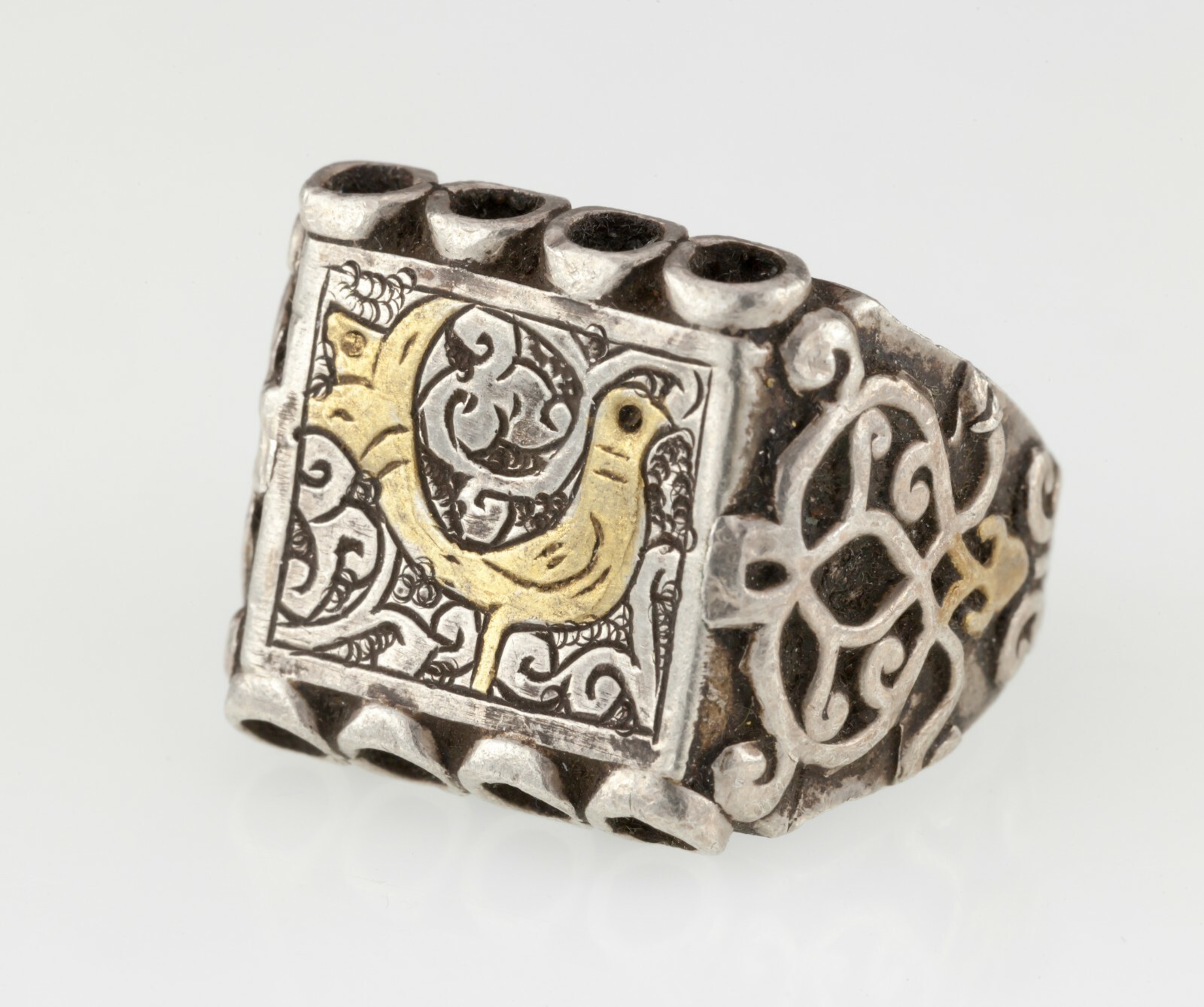 Afghan Hand-Chased Silver Statement Ring Brass Ac… - image 1
