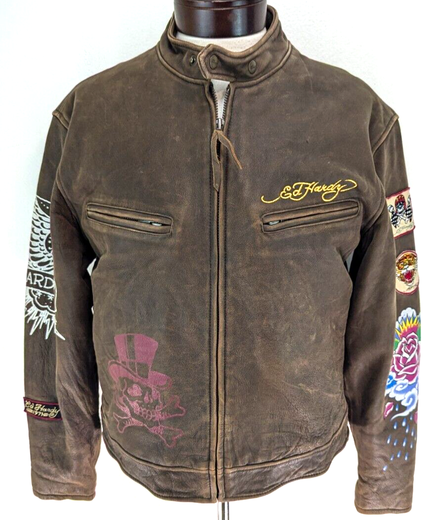 Ed Harday　レザージャケット ED HARDY Motorcycle Leather Jacket Rugged Brown Biker Eagle Skulls