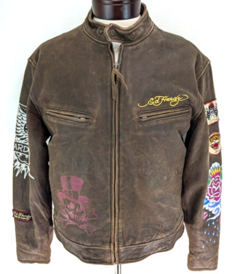 ED HARDY Motorcycle Leather Jacket Rugged Brown Biker Eagle Skulls Tiger Men's M