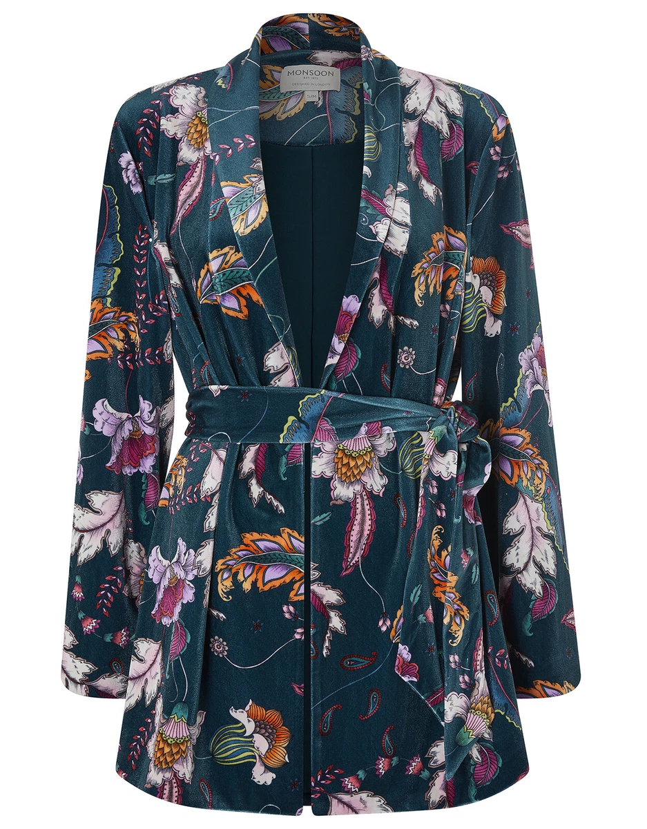 MONSOON ROSIE VELVET KIMONO BLUE TEAL FLORAL PAISLEY S M SMALL MEDIUM 10 6 38