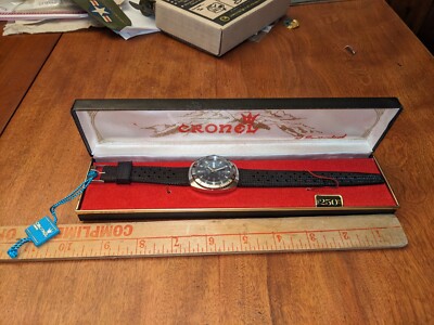 1960s CRONEL SWISS 5 ATM SPORT DIVE WATCH, ANALOG, BLUE DIAL W/ORIG. CASE, RUNS!