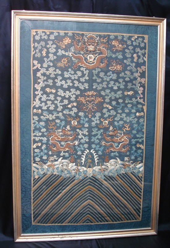 Framed Antique Embroidered Silk Chinese Qing Dynasty Dragon Robe Fragment