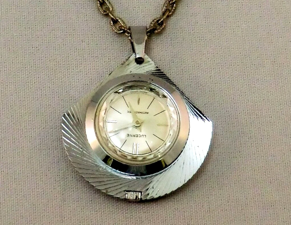 Vintage Lucerne Watch Clock Pendant Necklace