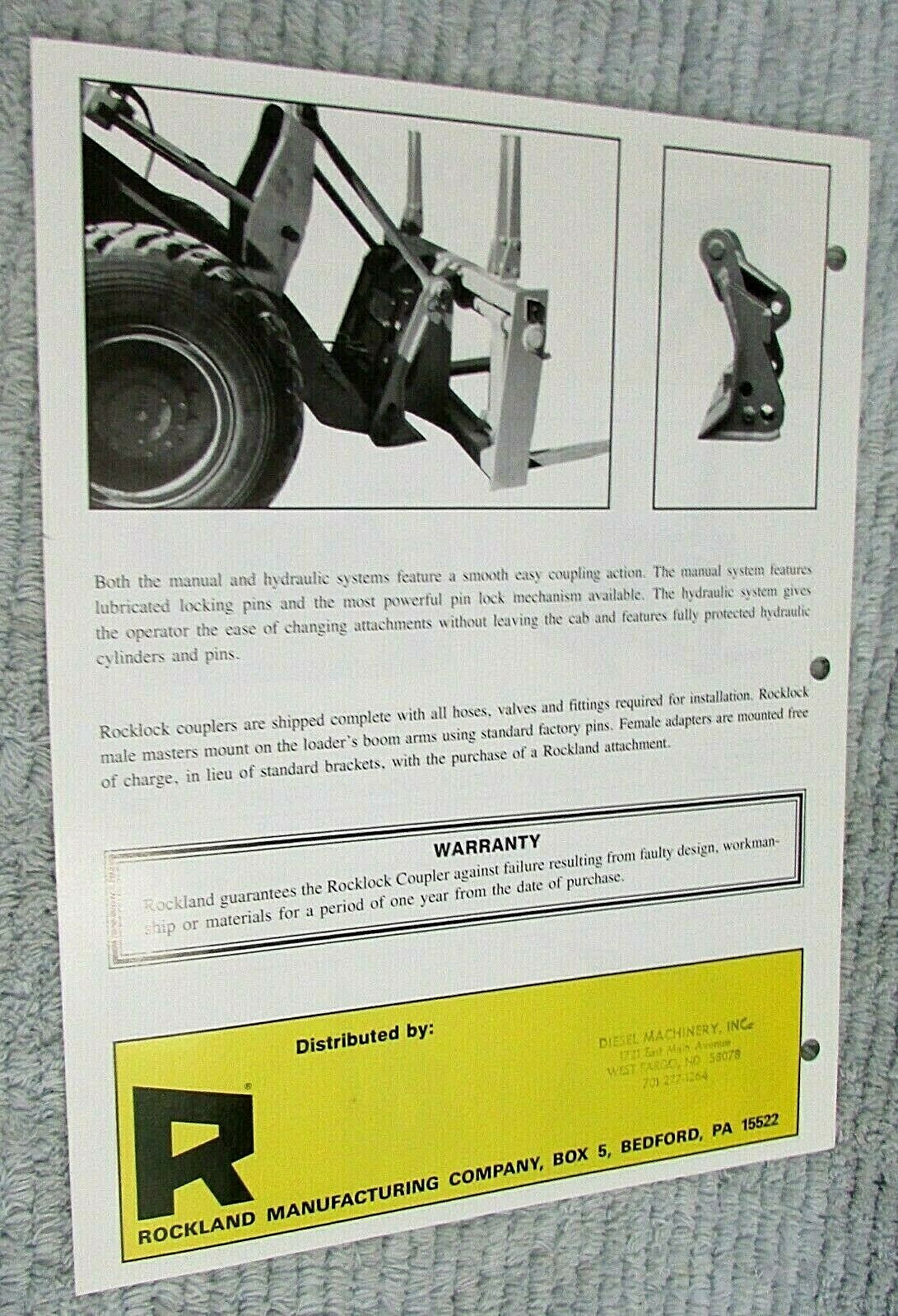 Rockland Coupler System Fork Grapple Bucket Vintage Single Page