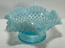 Vintage Fenton Glass Blue Opalescent Hobnail Ruffled Footed 8" Bowl OG60
