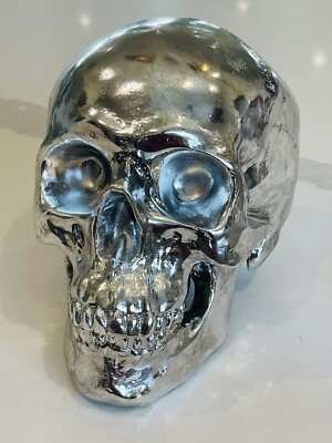 SKULL BANK Silver Tone Metallic Chrome Tone LARGE Halloween Gothic Sculpture