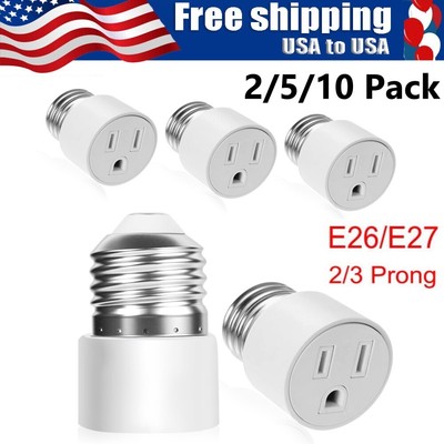 2-10Pcs E26/E27 Light Socket to Plug Adapter 2/3 Prong Light Bulb Outlet Adapter