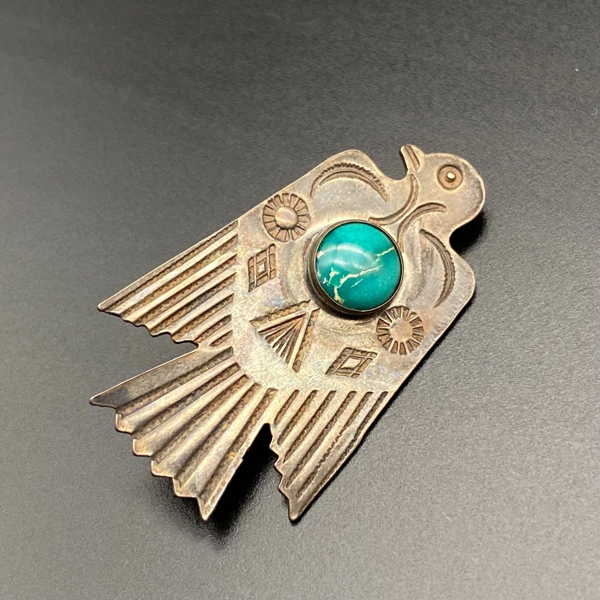 Vintage Navajo Thunderbird Turquoise Hand Stamped Sterling Silver Brooch Pin