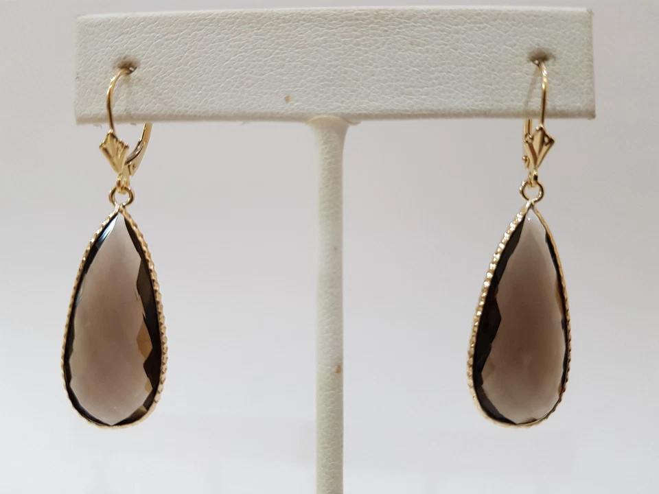 14K Yellow Gold Gemstones Dangling Earrings With Smoky, Leverback lock. - Image 4 of 4
