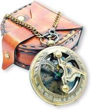 Antique Brass Sundial Compass Pocket Watch w/ Chain  Leather Case