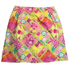 VTG Lilly Pulitzer Mini Skirt Women's Pink Yellow Tropical Monkey Patchwork Sz 8