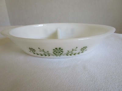 Glasbake Auflaufform Milchglas zweigeteilt USA grüne Blumen 30x22x5,5 vintage