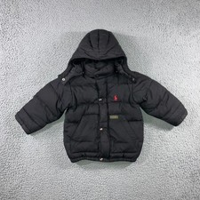 Polo Ralph Lauren Down Puffer Hooded Coat 2T Black Red Pony Zip Snap Outerwear
