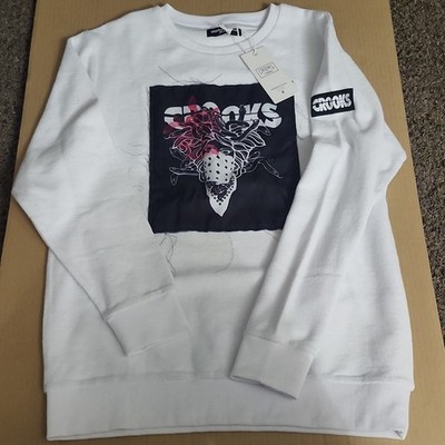 Crooks & Castles Graphic Print Fleece Pullover Sweatshirt White Black Large Men