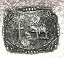 Cowboy With Horse Kneeling Front Of Cross Silver Engraved Buckle Flower Crystals