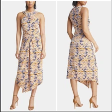 H by Halston Halter Neck Floral Print Asymmetric Hem Midi Dress M NEW